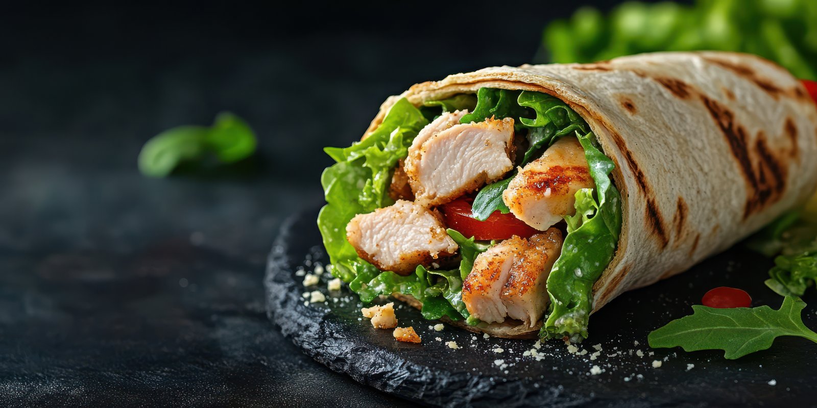Delicious grilled chicken wrap with fresh vegetables served on a slate plate
